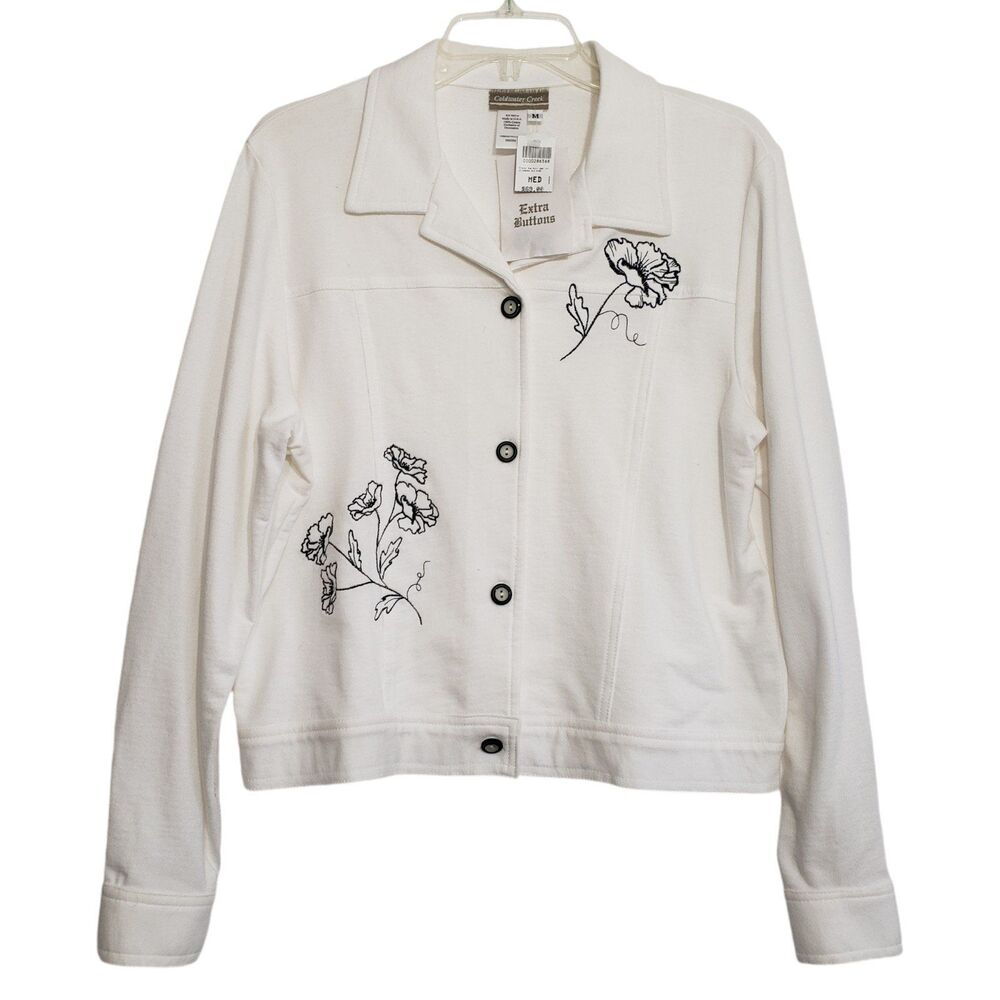 NEW Coldwater Creek Woman's White Cotton Blazer with Black Embroidery, Size Med